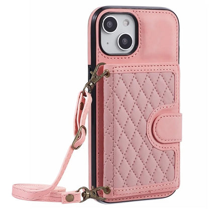 For iPhone 14 Plus Case Grid Imprinted Card Holder Leather Phone Shell with Shoulder Strap