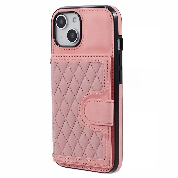 For iPhone 14 Plus Case Grid Imprinted Card Holder Leather Phone Shell with Shoulder Strap