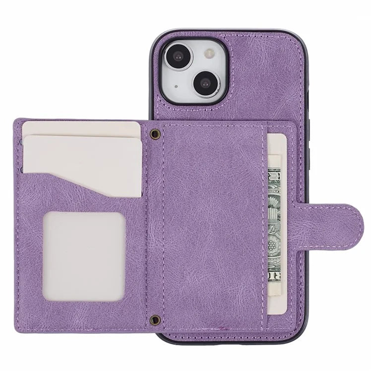 For iPhone 14 Plus Case Grid Imprinted Card Holder Leather Phone Shell with Shoulder Strap