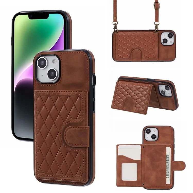 For iPhone 14 Plus Case Grid Imprinted Card Holder Leather Phone Shell with Shoulder Strap