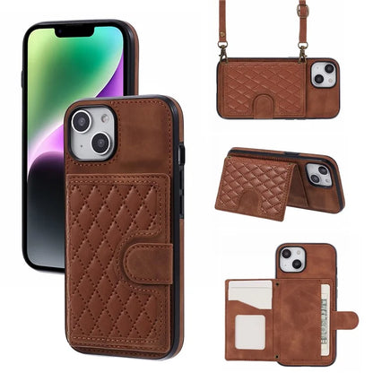 For iPhone 14 Plus Case Grid Imprinted Card Holder Leather Phone Shell with Shoulder Strap