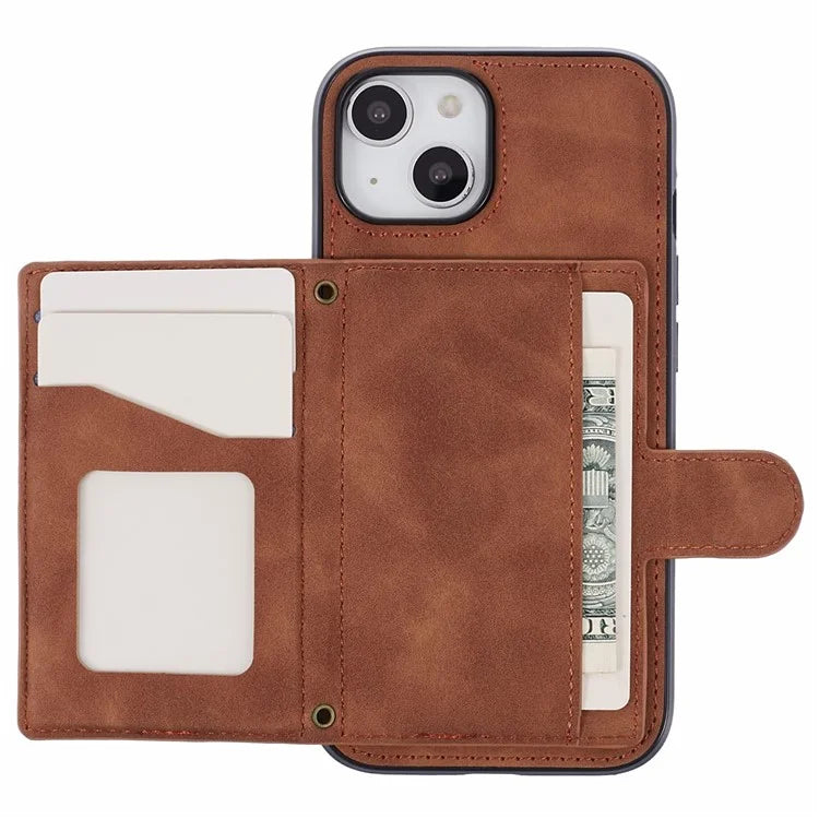 For iPhone 14 Plus Case Grid Imprinted Card Holder Leather Phone Shell with Shoulder Strap