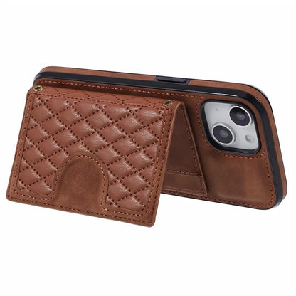 For iPhone 14 Plus Case Grid Imprinted Card Holder Leather Phone Shell with Shoulder Strap