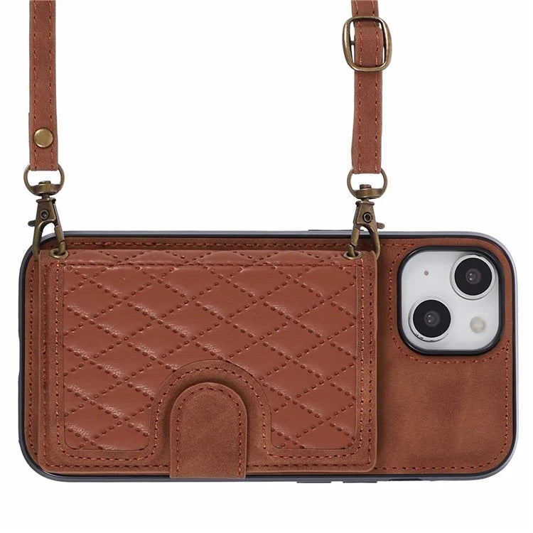 For iPhone 14 Plus Case Grid Imprinted Card Holder Leather Phone Shell with Shoulder Strap