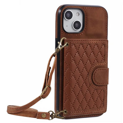 For iPhone 14 Plus Case Grid Imprinted Card Holder Leather Phone Shell with Shoulder Strap