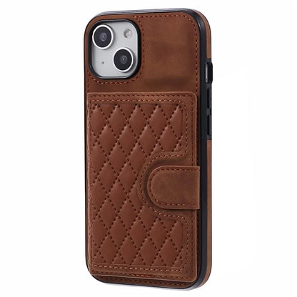 For iPhone 14 Plus Case Grid Imprinted Card Holder Leather Phone Shell with Shoulder Strap