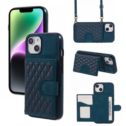 For iPhone 14 Plus Case Grid Imprinted Card Holder Leather Phone Shell with Shoulder Strap