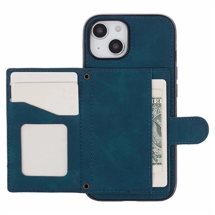 For iPhone 14 Plus Case Grid Imprinted Card Holder Leather Phone Shell with Shoulder Strap
