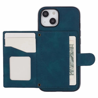 For iPhone 14 Plus Case Grid Imprinted Card Holder Leather Phone Shell with Shoulder Strap