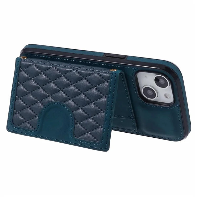 For iPhone 14 Plus Case Grid Imprinted Card Holder Leather Phone Shell with Shoulder Strap