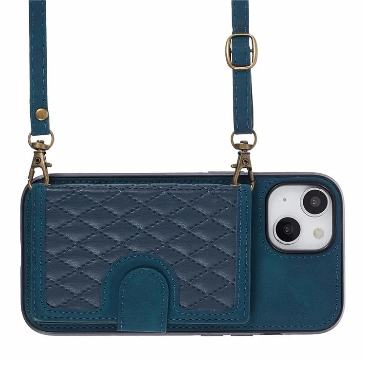 For iPhone 14 Plus Case Grid Imprinted Card Holder Leather Phone Shell with Shoulder Strap