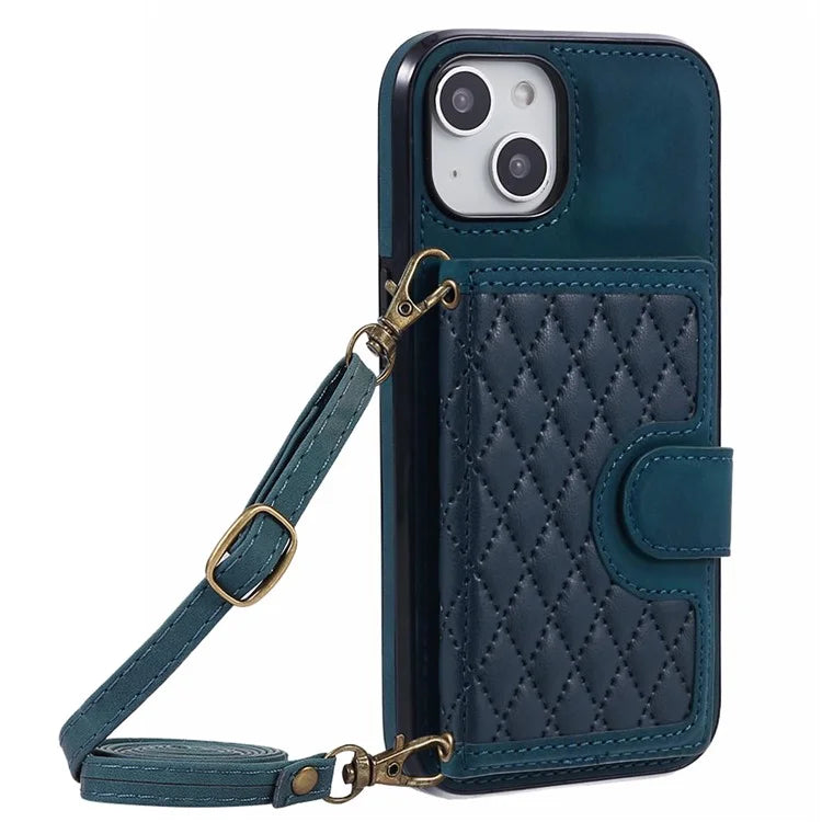 For iPhone 14 Plus Case Grid Imprinted Card Holder Leather Phone Shell with Shoulder Strap