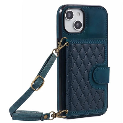For iPhone 14 Plus Case Grid Imprinted Card Holder Leather Phone Shell with Shoulder Strap