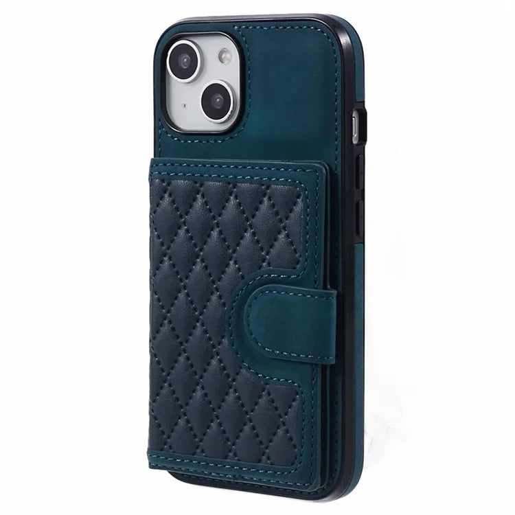 For iPhone 14 Plus Case Grid Imprinted Card Holder Leather Phone Shell with Shoulder Strap