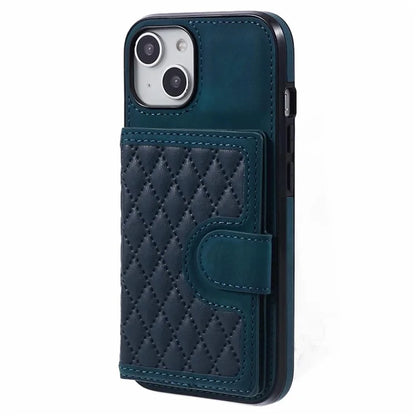 For iPhone 14 Plus Case Grid Imprinted Card Holder Leather Phone Shell with Shoulder Strap