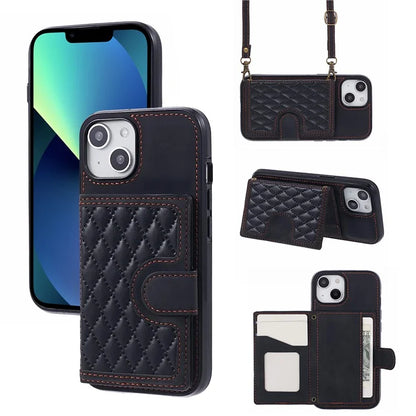 For iPhone 13 6.1 inch Case Grid Imprinted PU Leather Coated TPU Cell Phone Cover