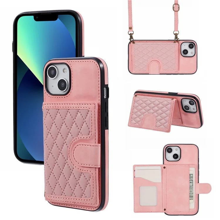 For iPhone 13 6.1 inch Case Grid Imprinted PU Leather Coated TPU Cell Phone Cover