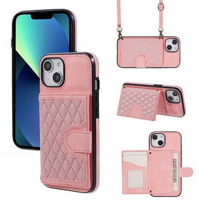 For iPhone 13 6.1 inch Case Grid Imprinted PU Leather Coated TPU Cell Phone Cover