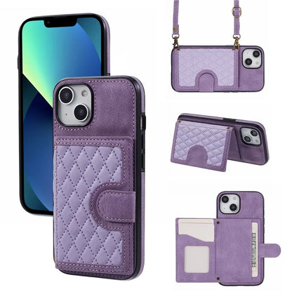 For iPhone 13 6.1 inch Case Grid Imprinted PU Leather Coated TPU Cell Phone Cover
