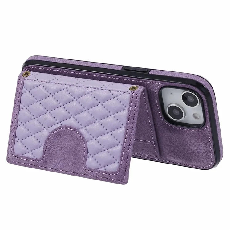 For iPhone 13 6.1 inch Case Grid Imprinted PU Leather Coated TPU Cell Phone Cover