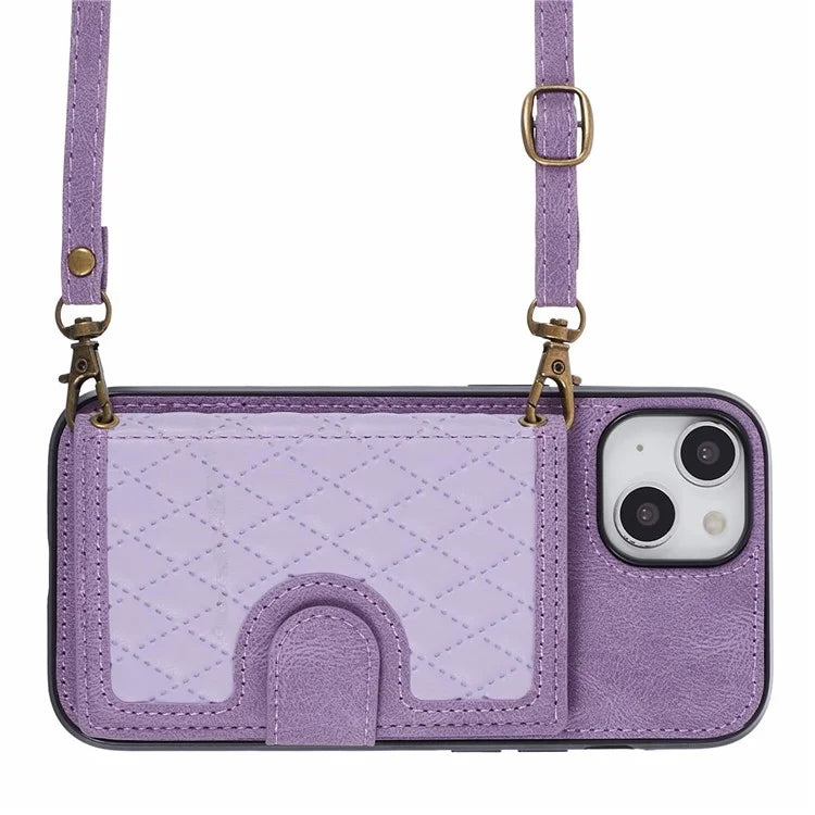 For iPhone 13 6.1 inch Case Grid Imprinted PU Leather Coated TPU Cell Phone Cover
