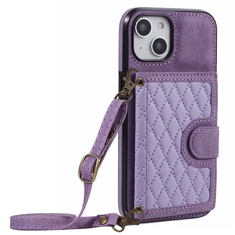 For iPhone 13 6.1 inch Case Grid Imprinted PU Leather Coated TPU Cell Phone Cover