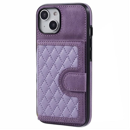 For iPhone 13 6.1 inch Case Grid Imprinted PU Leather Coated TPU Cell Phone Cover