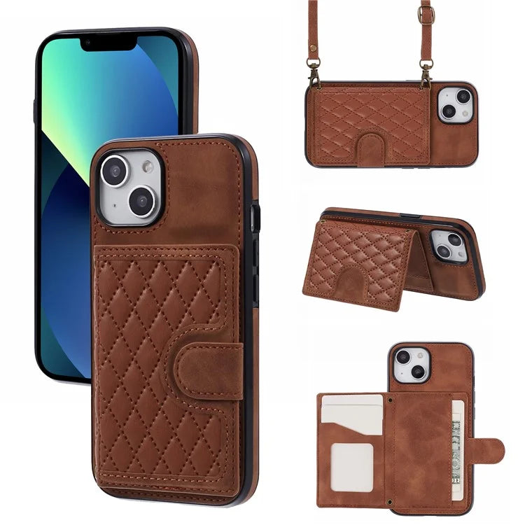 For iPhone 13 6.1 inch Case Grid Imprinted PU Leather Coated TPU Cell Phone Cover