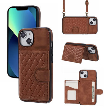 For iPhone 13 6.1 inch Case Grid Imprinted PU Leather Coated TPU Cell Phone Cover