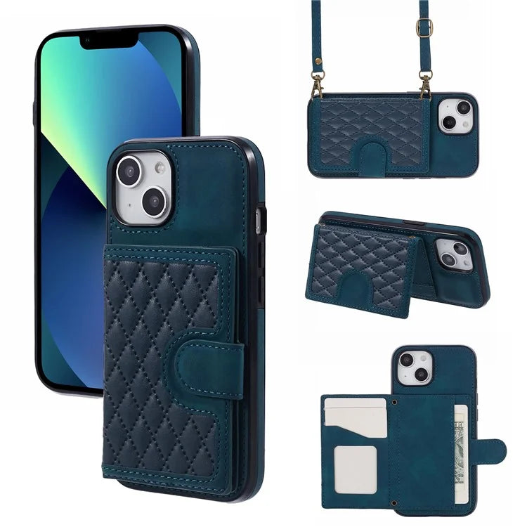 For iPhone 13 6.1 inch Case Grid Imprinted PU Leather Coated TPU Cell Phone Cover
