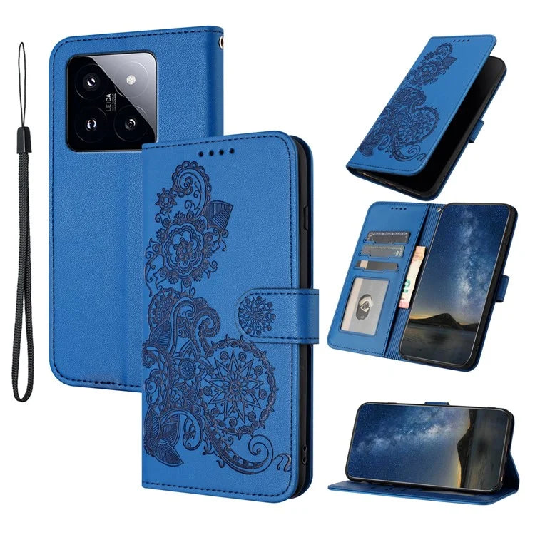 YX0050 For Xiaomi 14 Pro Cell Phone Case Imprint Sunflower Pattern PU Leather+TPU Cover