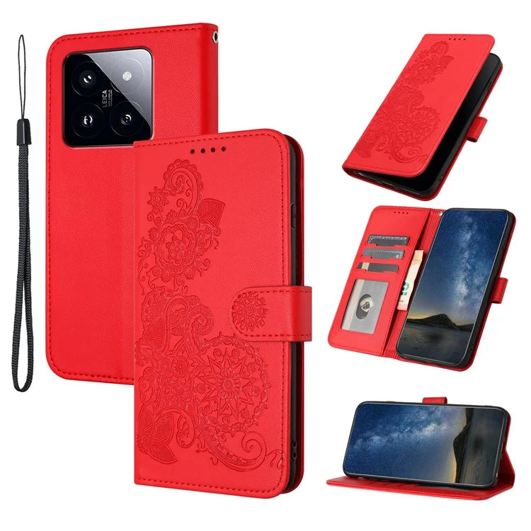 YX0050 For Xiaomi 14 Pro Cell Phone Case Imprint Sunflower Pattern PU Leather+TPU Cover