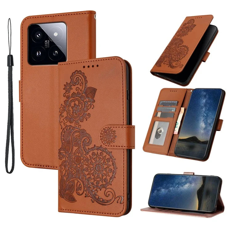 YX0050 For Xiaomi 14 Pro Cell Phone Case Imprint Sunflower Pattern PU Leather+TPU Cover