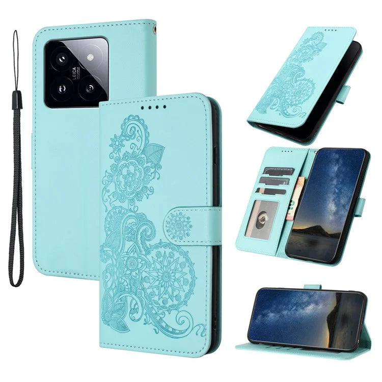 YX0050 For Xiaomi 14 Pro Cell Phone Case Imprint Sunflower Pattern PU Leather+TPU Cover