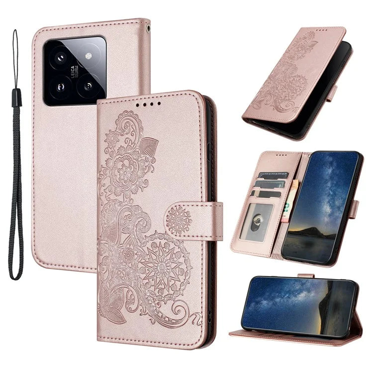 YX0050 For Xiaomi 14 Pro Cell Phone Case Imprint Sunflower Pattern PU Leather+TPU Cover