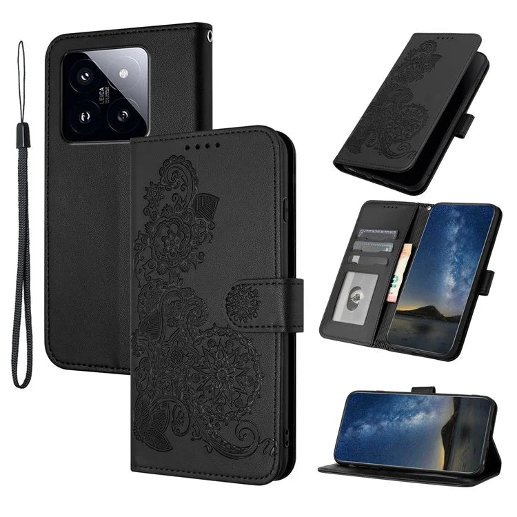 YX0050 For Xiaomi 14 Pro Cell Phone Case Imprint Sunflower Pattern PU Leather+TPU Cover