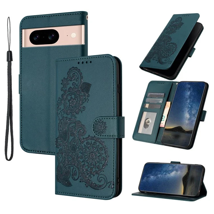 YX0050 For Google Pixel 8a Magnetic Phone Case Sunflower Pattern Imprinted Leather Card Slots Coverish Green