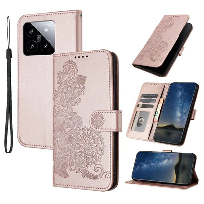 YX0050 For Xiaomi 14 Magnetic Case PU Leather Sunflower Pattern Stand Wallet Smartphone Cover