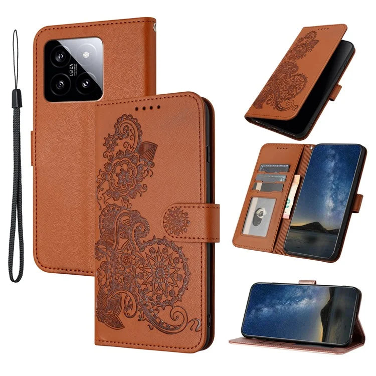 YX0050 For Xiaomi 14 Magnetic Case PU Leather Sunflower Pattern Stand Wallet Smartphone Cover