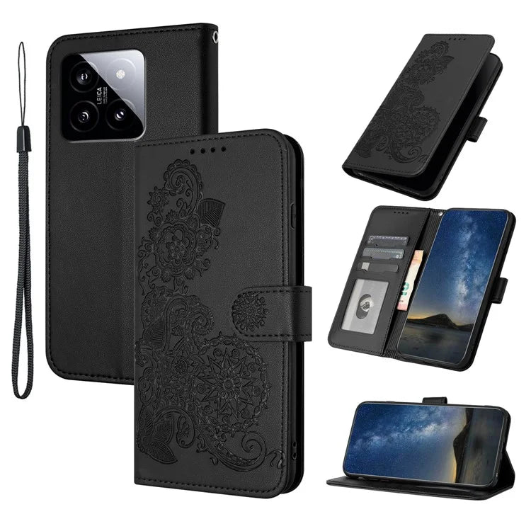 YX0050 For Xiaomi 14 Magnetic Case PU Leather Sunflower Pattern Stand Wallet Smartphone Cover