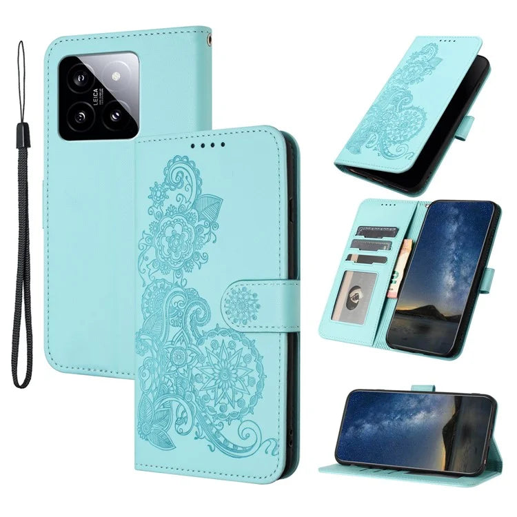 YX0050 For Xiaomi 14 Magnetic Case PU Leather Sunflower Pattern Stand Wallet Smartphone Cover
