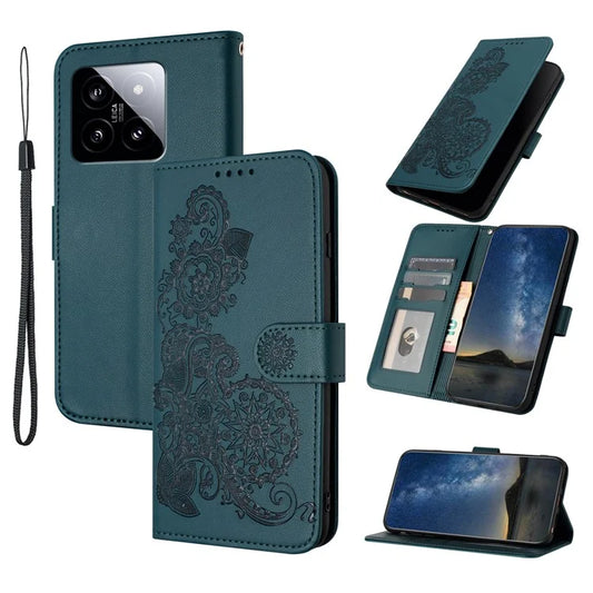 YX0050 For Xiaomi 14 Magnetic Case PU Leather Sunflower Pattern Stand Wallet Smartphone Coverish Green