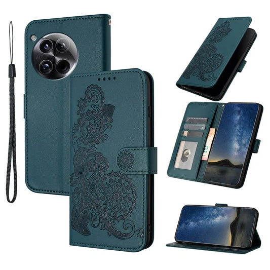 YX0050 For OnePlus 12 5G Cell Phone Case Leather Imprint Sunflower Pattern Foldable Stand Coverish Green