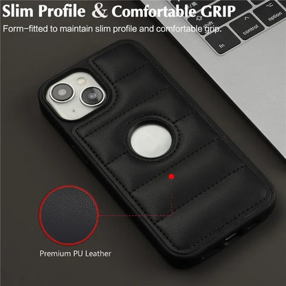 For iPhone 15 Plus Case Logo Window PU Leather+TPU Phone Cover