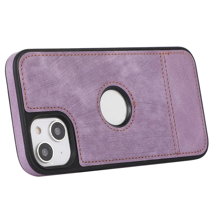 For iPhone 14 Plus Cell Phone Case Splicing Anti-scratch Leather Shell with Logo View Window