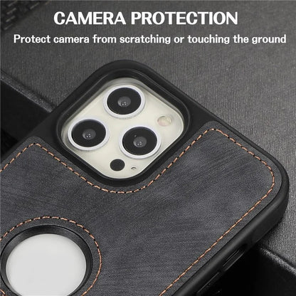 For iPhone 15 Pro Max Case Drop-resistant PU Leather Coated TPU Logo View Mobile Phone Shell