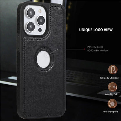 For iPhone 15 Pro Phone Case Solid Color PU Leather Coated TPU Logo View Shell