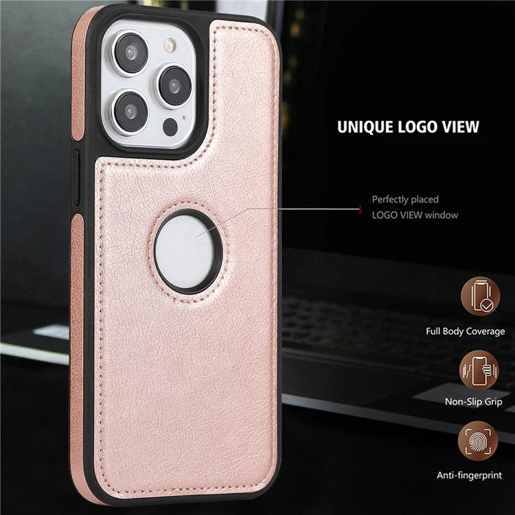 For iPhone 15 Pro Phone Case Solid Color PU Leather Coated TPU Logo View Shell