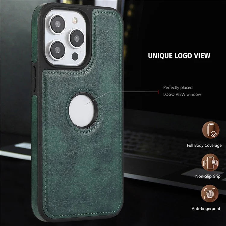 For iPhone 15 Pro Phone Case Solid Color PU Leather Coated TPU Logo View Shell