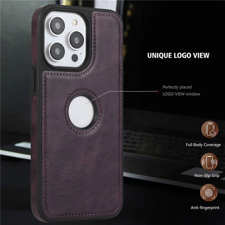 For iPhone 15 Pro Max Case PU Leather Coated TPU Solid Color Logo View Mobile Phone Cover